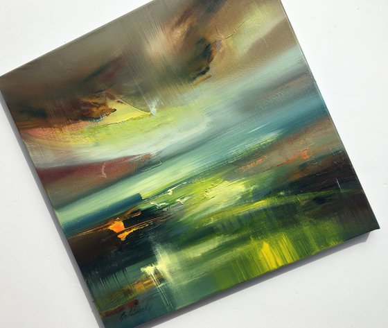 Back to the Light II - 40 x 40 cm, abstract landscape painting in earth tone colors