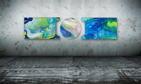 "Follow Me Into The Wormhole" - Original Triptych, Abstract PMS Acrylic Paintings Series on Irregularly Shaped Wooden Panels - 78" x 18"