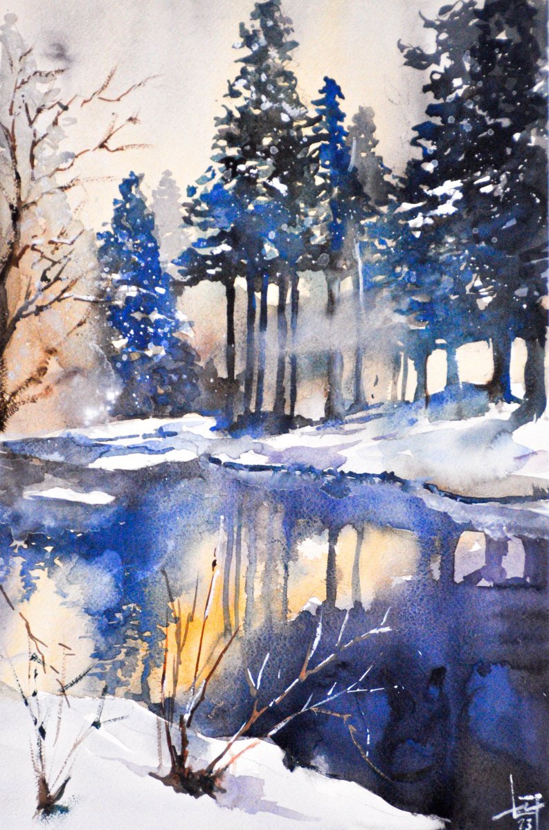 Impressionistic Landscape Watercolour By Flavio Furlan, 13 X 21, Ice And Cobalt, Original Artwork