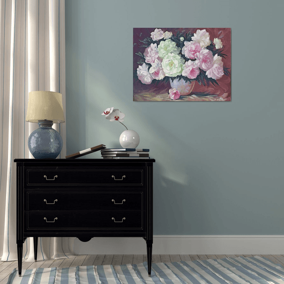 Peonies in vase (60x80cm, oil painting, palette knife)