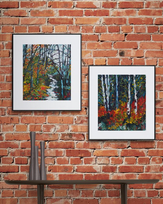 The Magic of Fall Colors - SET OF 2 PAINTINGS - impasto textured original oil diptych, fall stream landscape