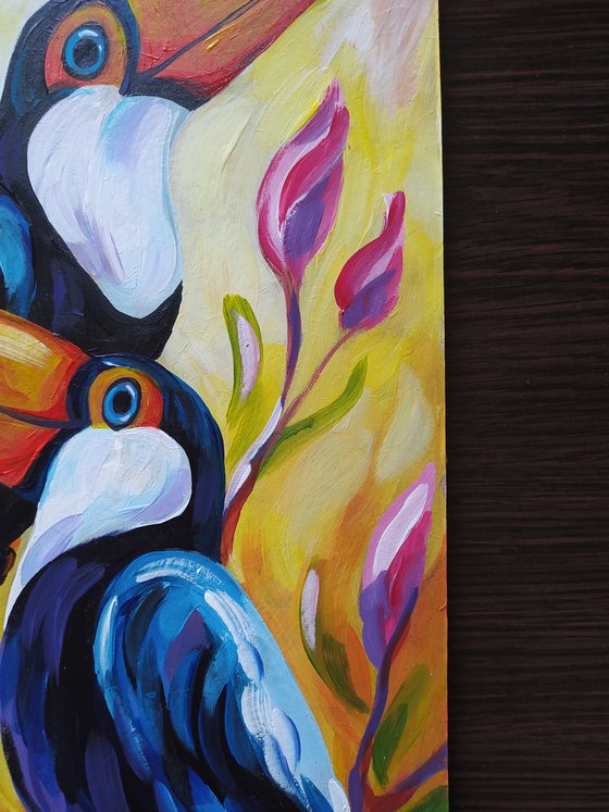 Toucans in love - toucan oil painting, love, flovers, toucan, animals, bird, birds oil painting, gift idea