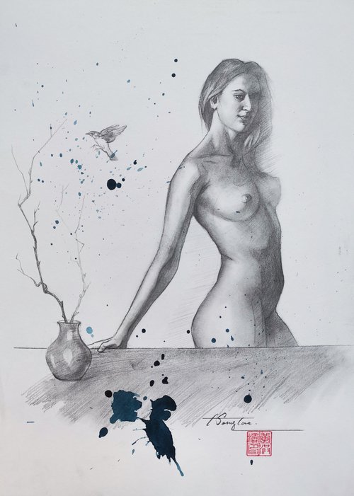Drawing- Girl and bird#20913 by Hongtao Huang