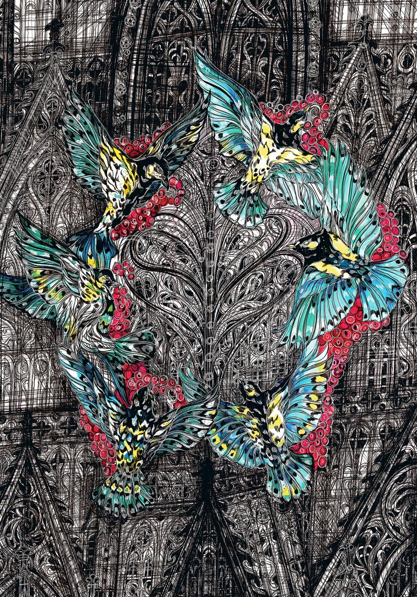 Impressionistic Cityscapes Drawing By Maria Susarenko, 33 X 46", Notre-Dame. Birds, Original Artwork