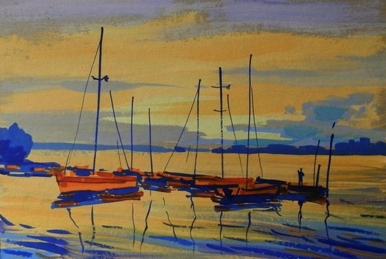 yacht at sunset. Original painting 30x21 cm