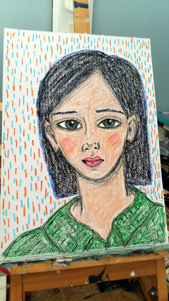 Portrait in a Green Top - Original Oil Pastel