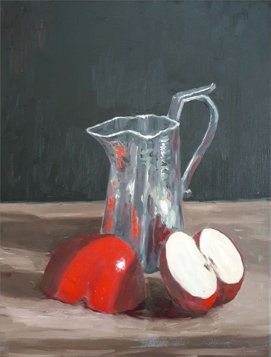 still life XI : cut apple and silver milk jug