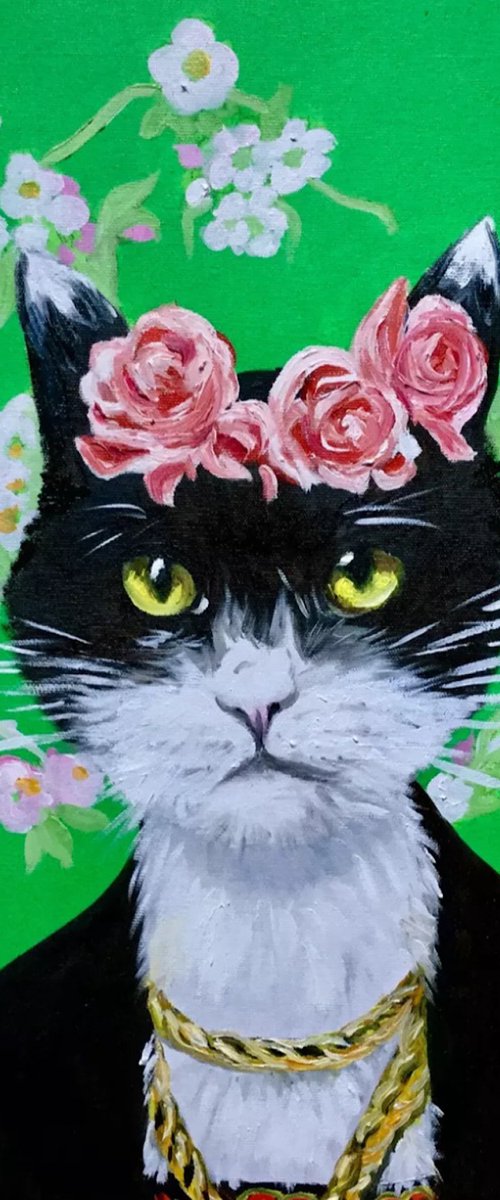 Black cute cat Frida Kahlo by Olga Koval