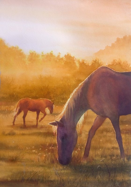 Horses Grazing on Morning Pasture   -  horse painting - rural life - country landscape - Golden Morning
