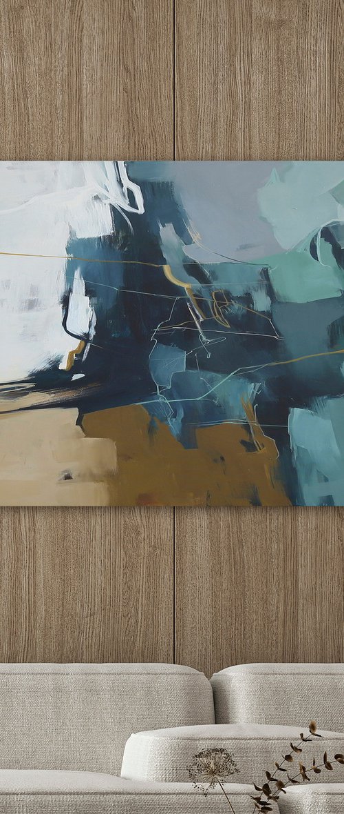 "Bosco" Abstract dark teal beige acrylic art by Yana Sagan