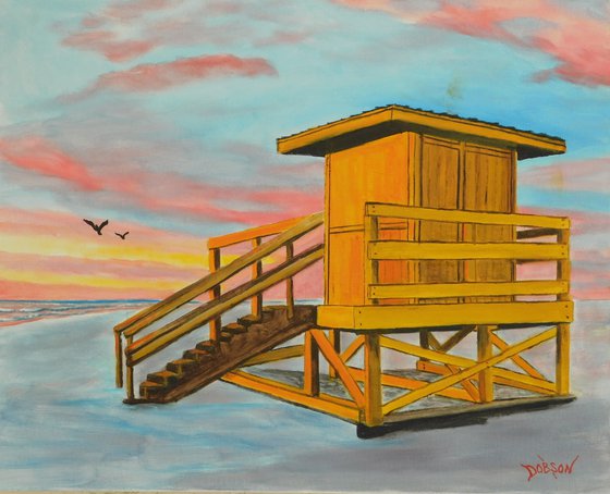 Yellow Lifeguard Stand At Sunset