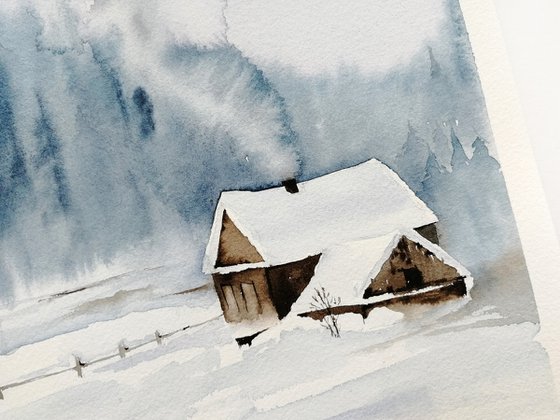 Winter farmhouse painting.