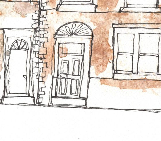 Terraced houses with brown wash. Continuous Line Artwork