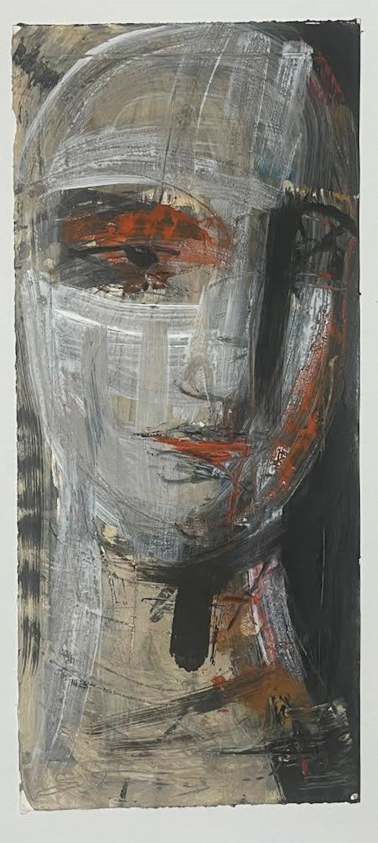 Expressive Portrait Ink Drawing By Eduard Belsky, 12 X 28, Image, Original Artwork