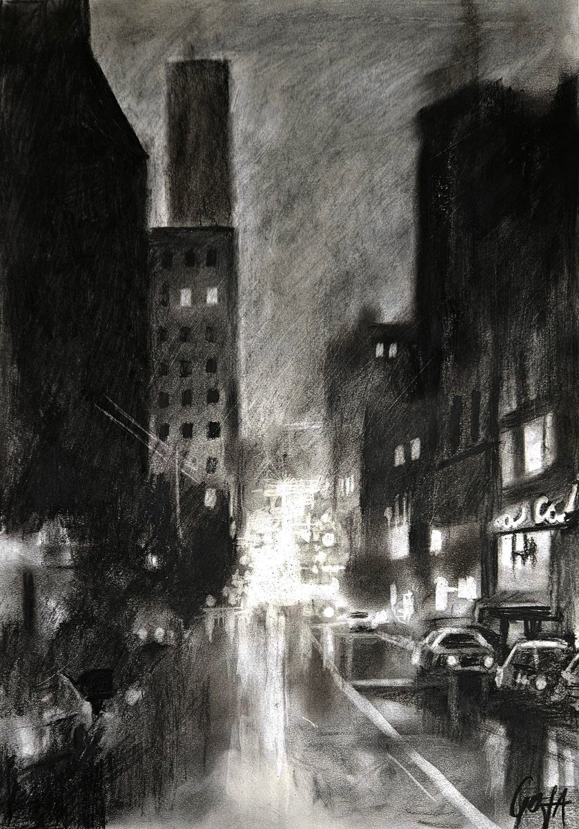 Impressionistic Cityscapes Charcoal Drawing By Nicolas Goia, 14 X 20", Manhattan Night, Original Artwork