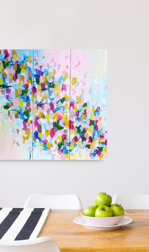 Colorful Triptych Large Acrylic Painting with Gold Leaf 60x60cm 24x24in by JuliaP Art