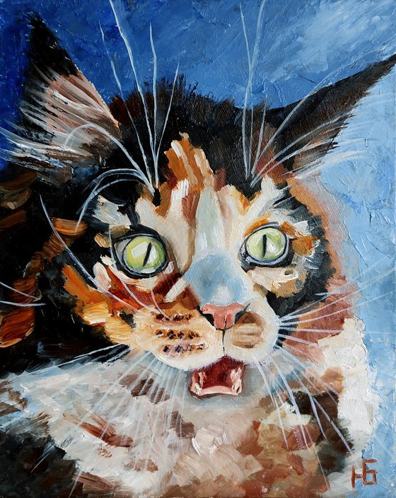 Surprised Cat Oil Painting Funny Cat Artwork Tabby Cat Portrait