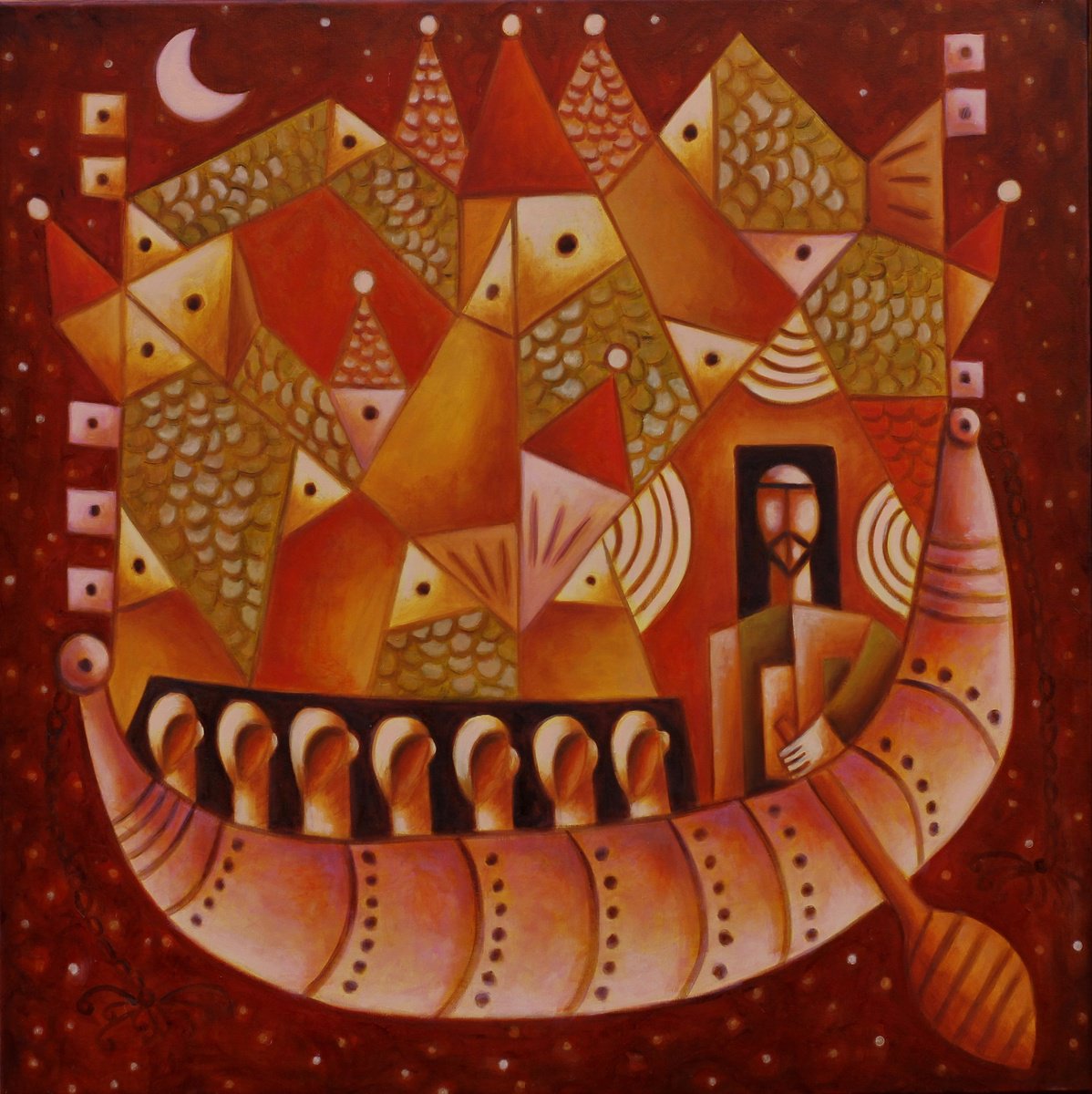 Surrealistic Transport Oil Painting By Malasits Zsolt, 39 X 39", Heavenly Barque, Original Artwork
