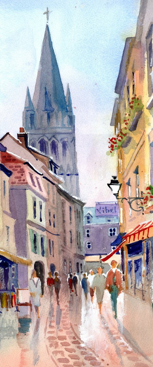 Caen, France. Shopping Street & Church by Peter Day