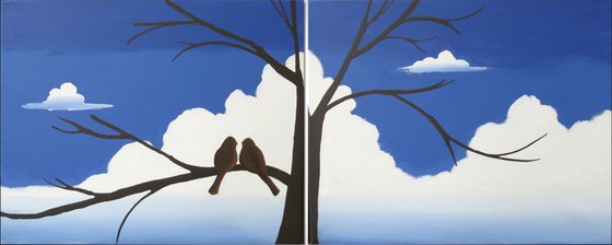 love bird abstract landscape original "Together Forever " painting art canvas - 40 x 16 inches romance  heart