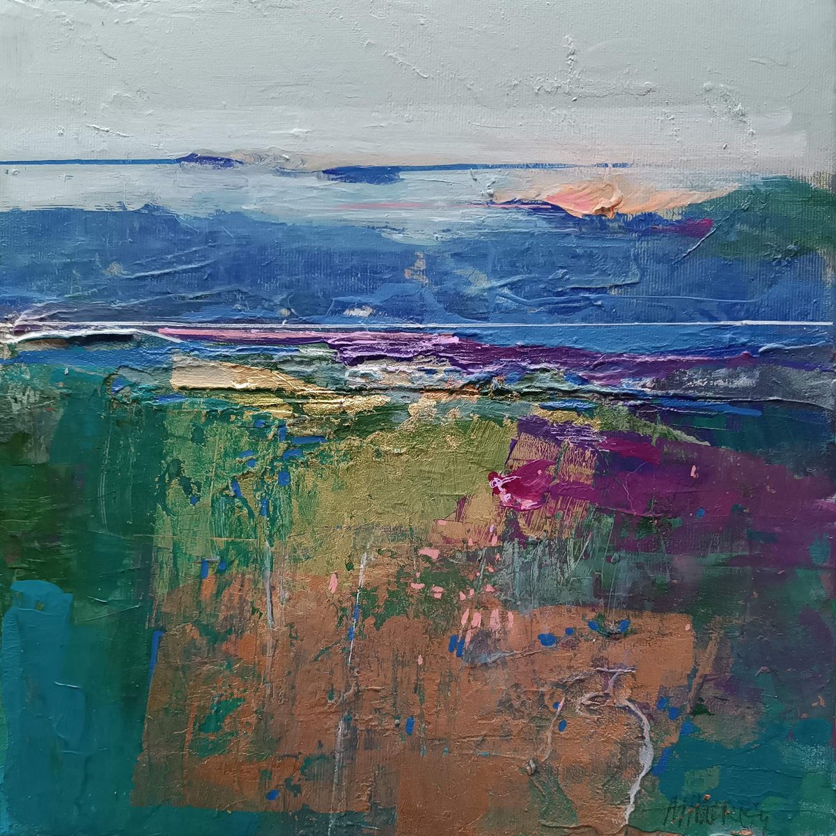 Abstract Landscape Acrylic Painting By Magdalena Morey, 12 X 12", Notes From The Edge Of The Sea 1, Original Artwork