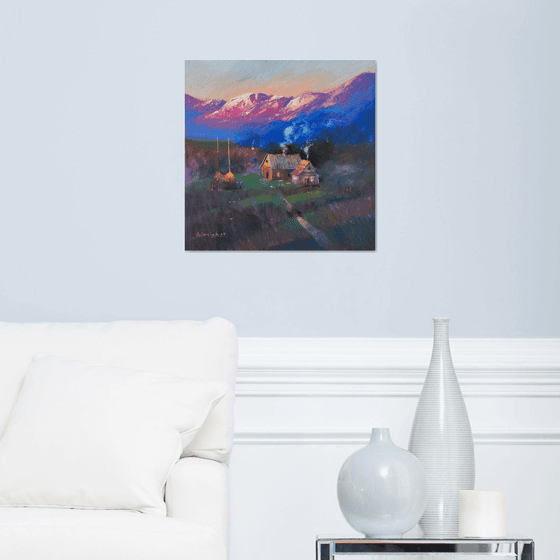 Ukrainian art Sunrise in the Carpathians Mountains. Soft pastel drawing 19.6x19.6 inch (50x50 cm)