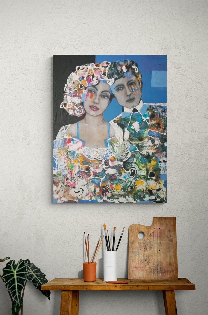Expressive Portrait Acrylic Painting By Sylvie Oliveri, 29 X 37", She And Him And The Wedding., Original Artwork