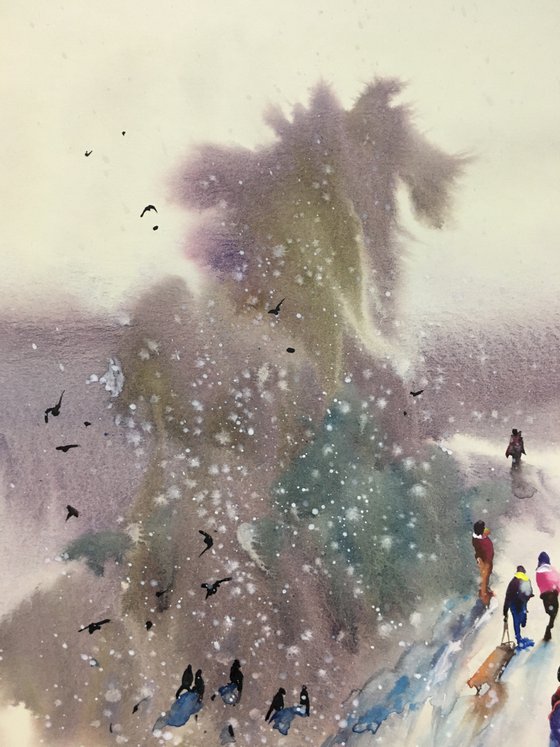 Watercolor “Winter childhood games” perfect gift