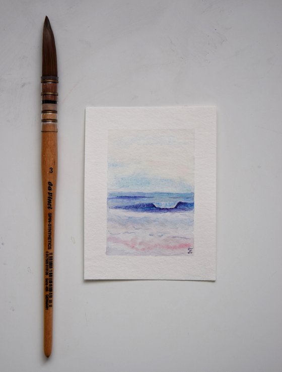 Seascape miniature watercolor painting, ocean wave small original art