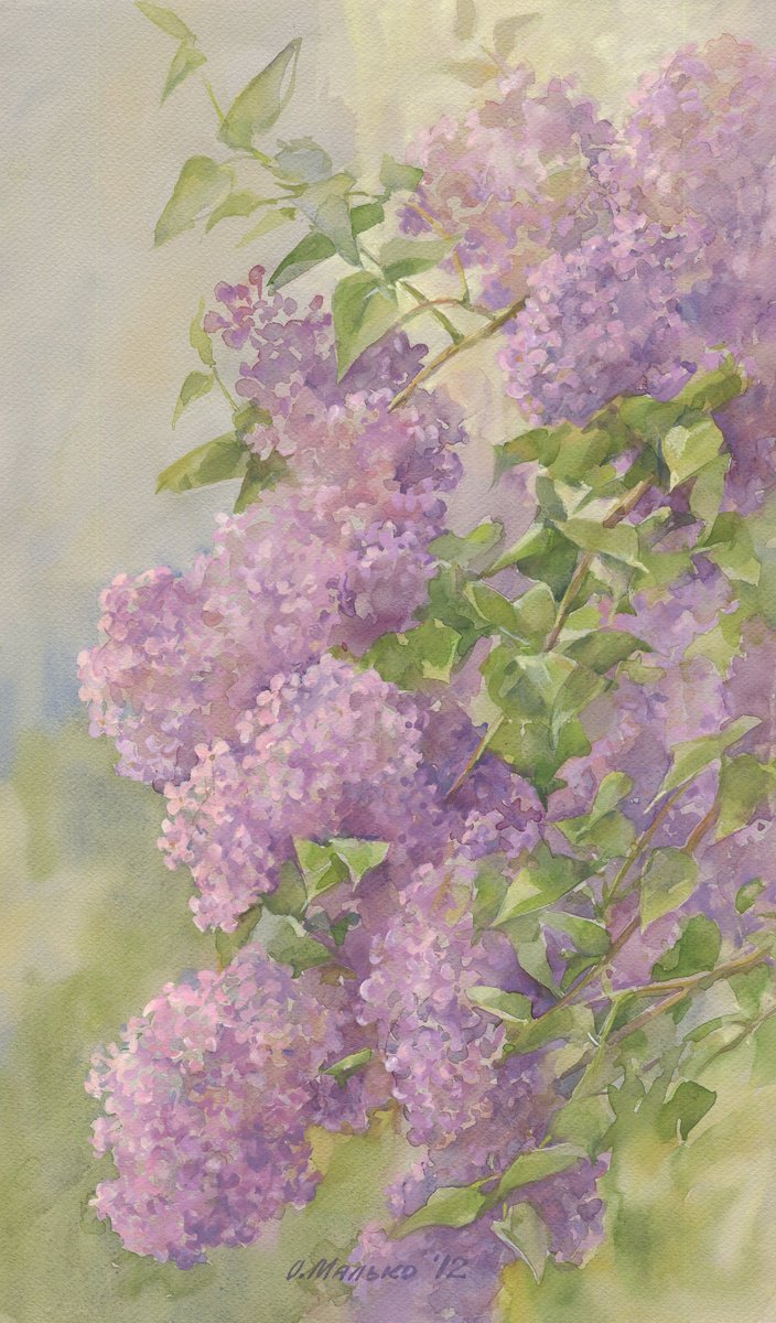Impressionistic Botanical Watercolour By Olha Malko, 12 X 20", Lilac Branches, Original Artwork