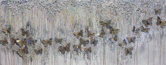 Butterflies oasis white gold glitter glass holographic abstract 3d painting with golden butterflies