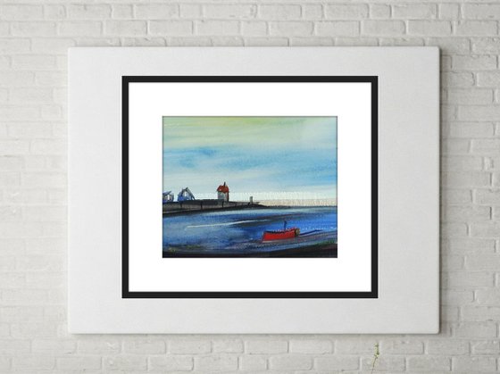 RED BOAT HARBOUR CEMAES BAY ANGLESEY. Original watercolour with mount (mat).