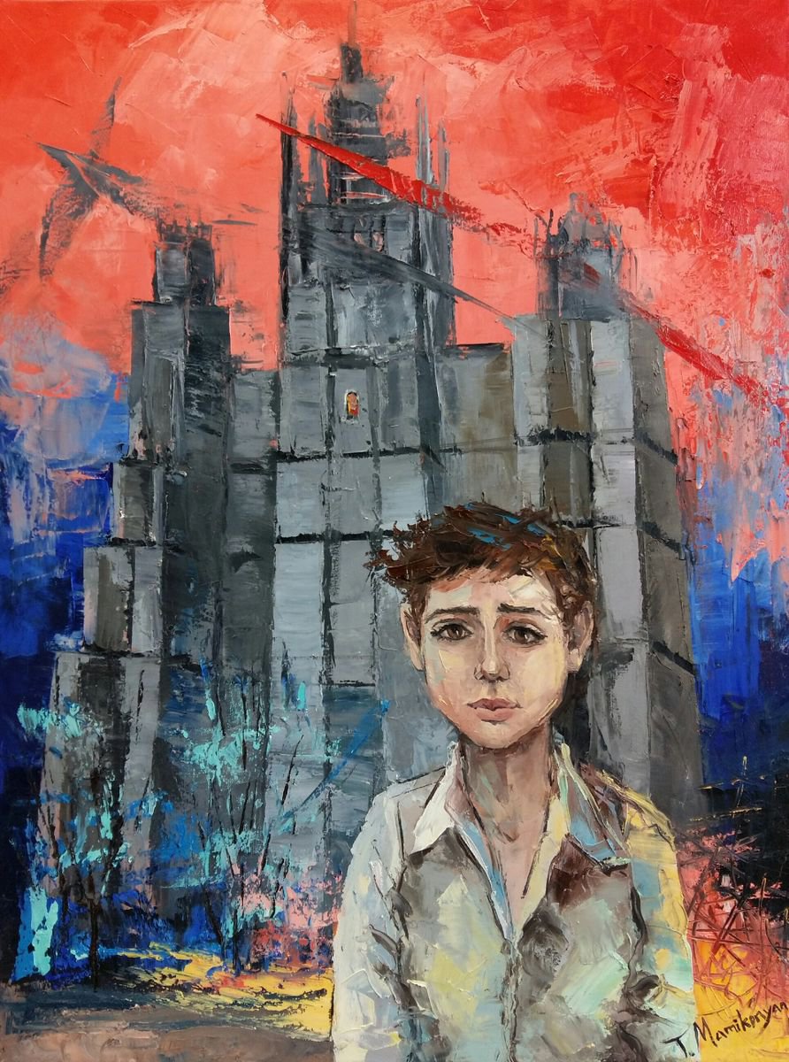 Impressionistic Portrait Oil Painting By Tigran Mamikonyan, 24 X 31", Boy In The Big City 60X80Cm, Original Artwork
