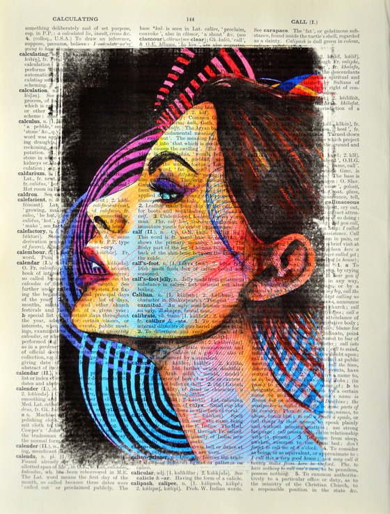 Fulfilled Girl - Collage Art on Large Real English Dictionary Vintage Book Page