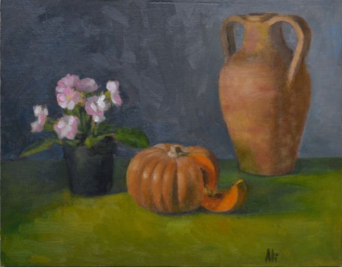 pumpkin flowers and jar  still life by Paola Alì