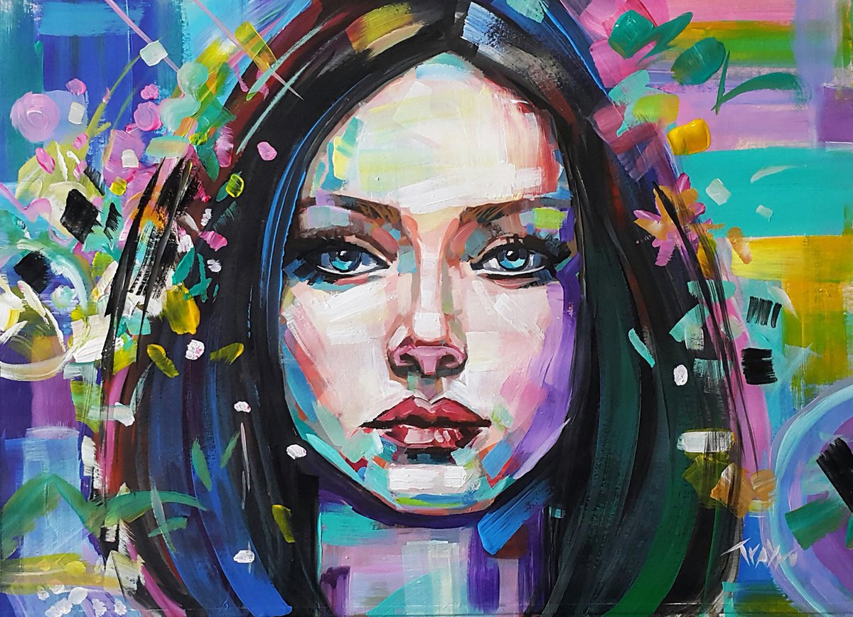 Abstract Portrait Acrylic Painting By Trayko Popov, 17 X 12", Look Into My Eyes, Original Artwork