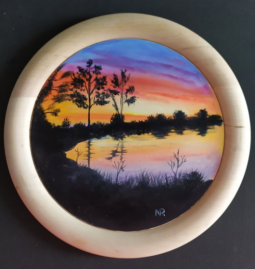 Evening, original landscape river oil painting, Gift idea, art on wooden plate by Nataliia Plakhotnyk