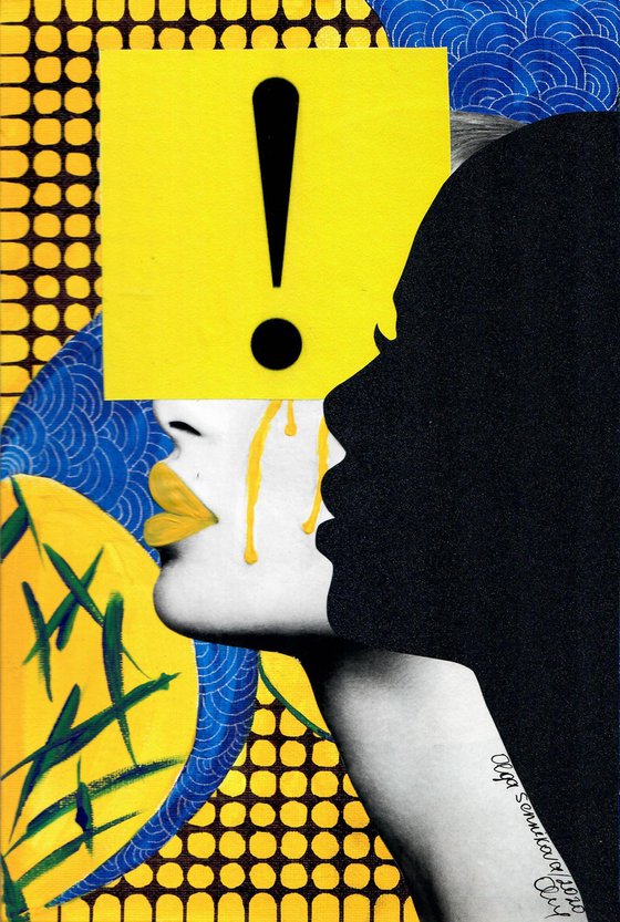 "Attention!" - mixed media collage acrylic painting girl yellow tears