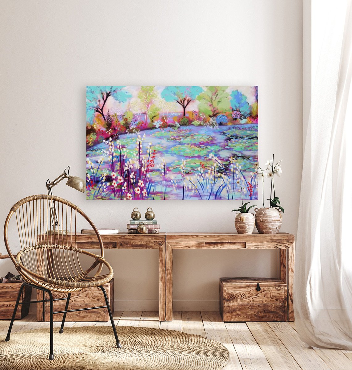 Impressionistic Landscape Acrylic Painting By Karen Rieger, 60 X 40", Cerulean Song, Original Artwork