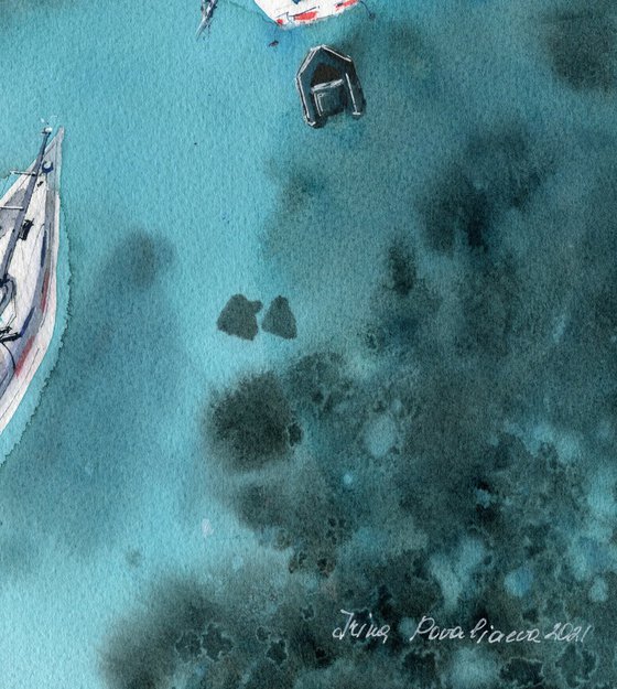 Sailing boats in the ocean top view original painting watercolor artwork turquoise colors living room decor bedroom wall art gift for sea lovers gift for him