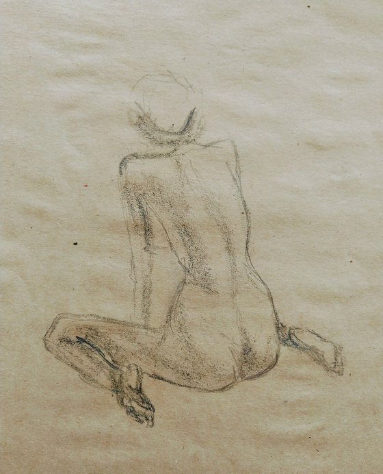 Nude. Sketch. Original pencil drawing on beige paper