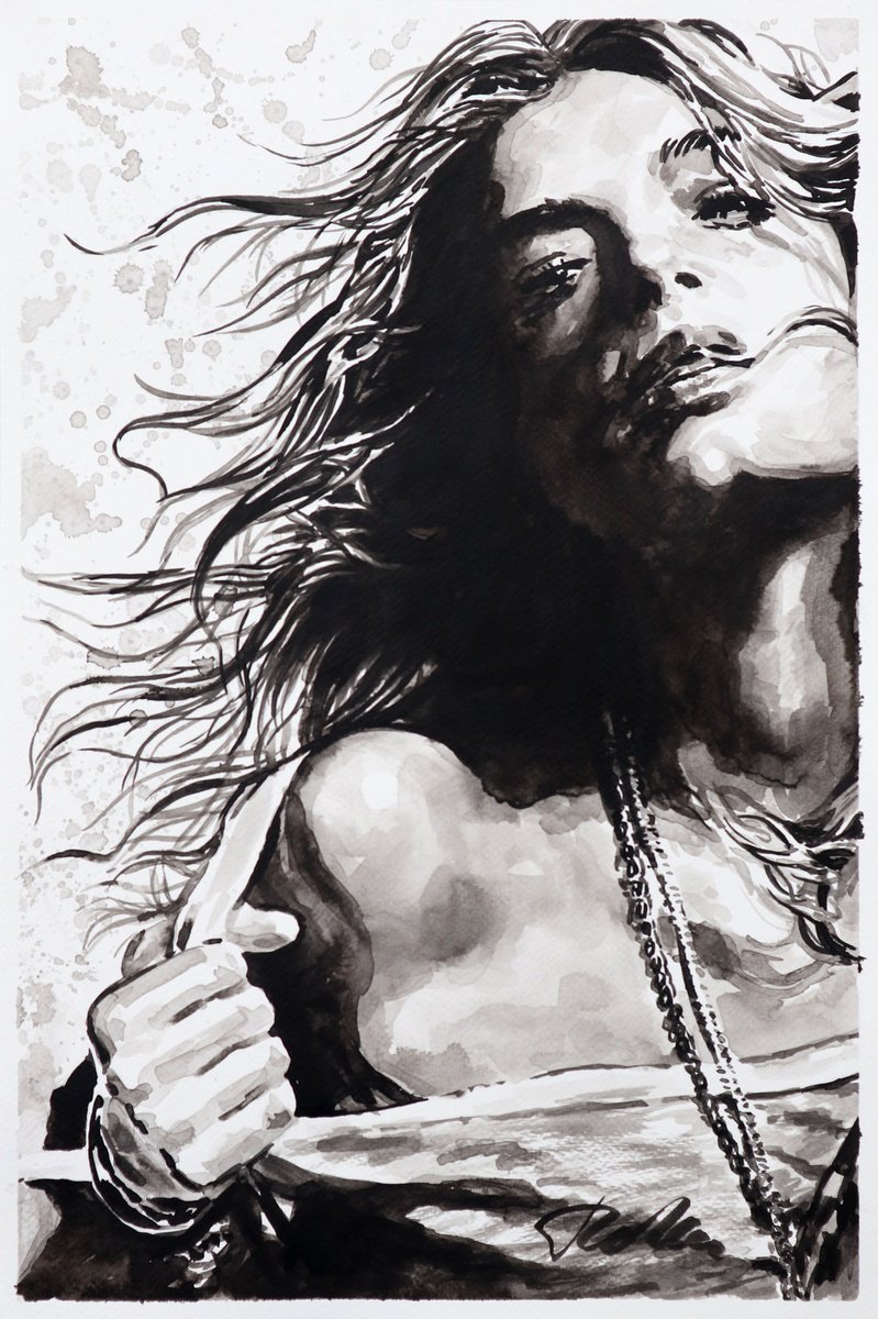Urban And Pop Portrait Ink Drawing By Tashe, 12 X 18", All For Love, Original Artwork