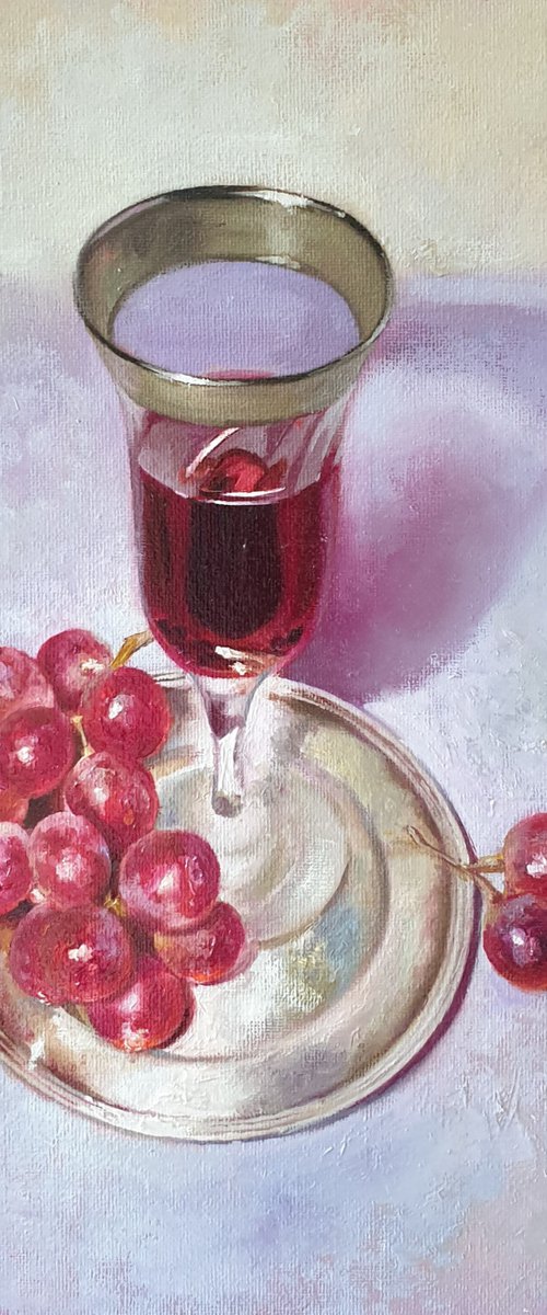 "Wine and grapes." still life summer grape liGHt original painting  GIFT (2020) by Anna Bessonova (Kotelnik)