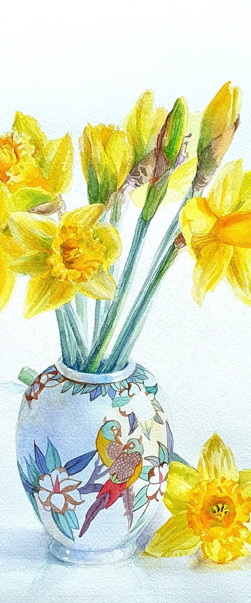Golden Daffodils in a Chinoiserie Parrot Vase by SoNata Art