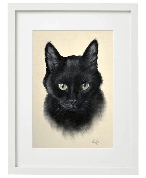 Portrait of Black Cat with Green Eyes