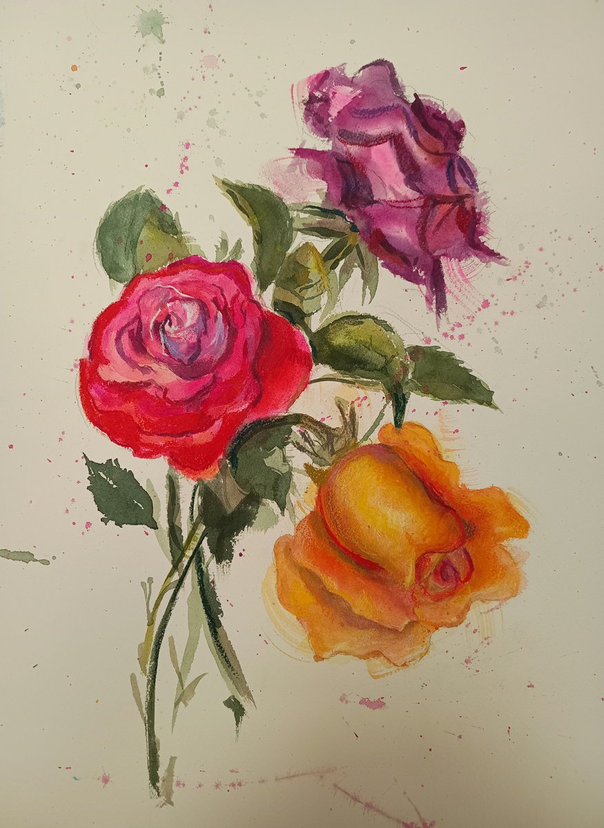 Impressionistic Botanical Watercolour By Marina Del Pozo, 12 X 16", Rosas, Original Artwork