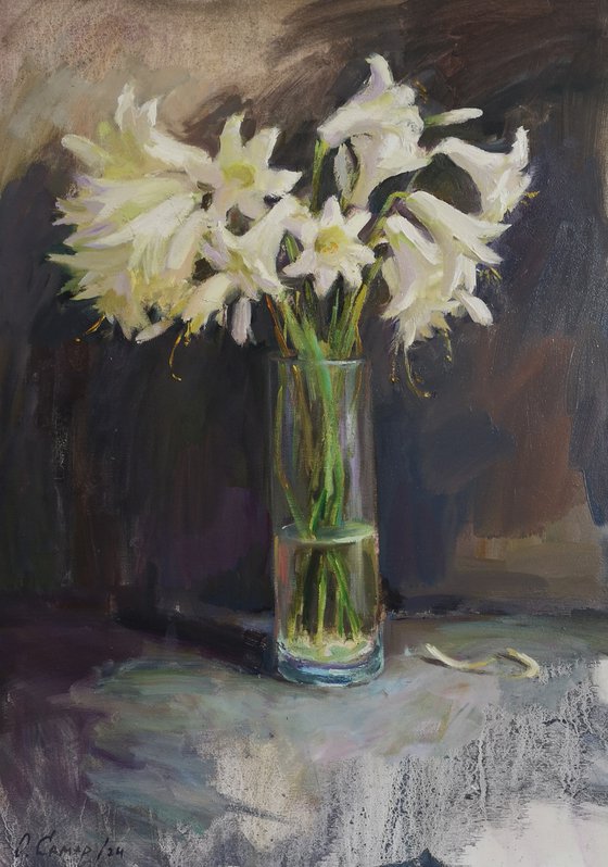 White lilies on a dark