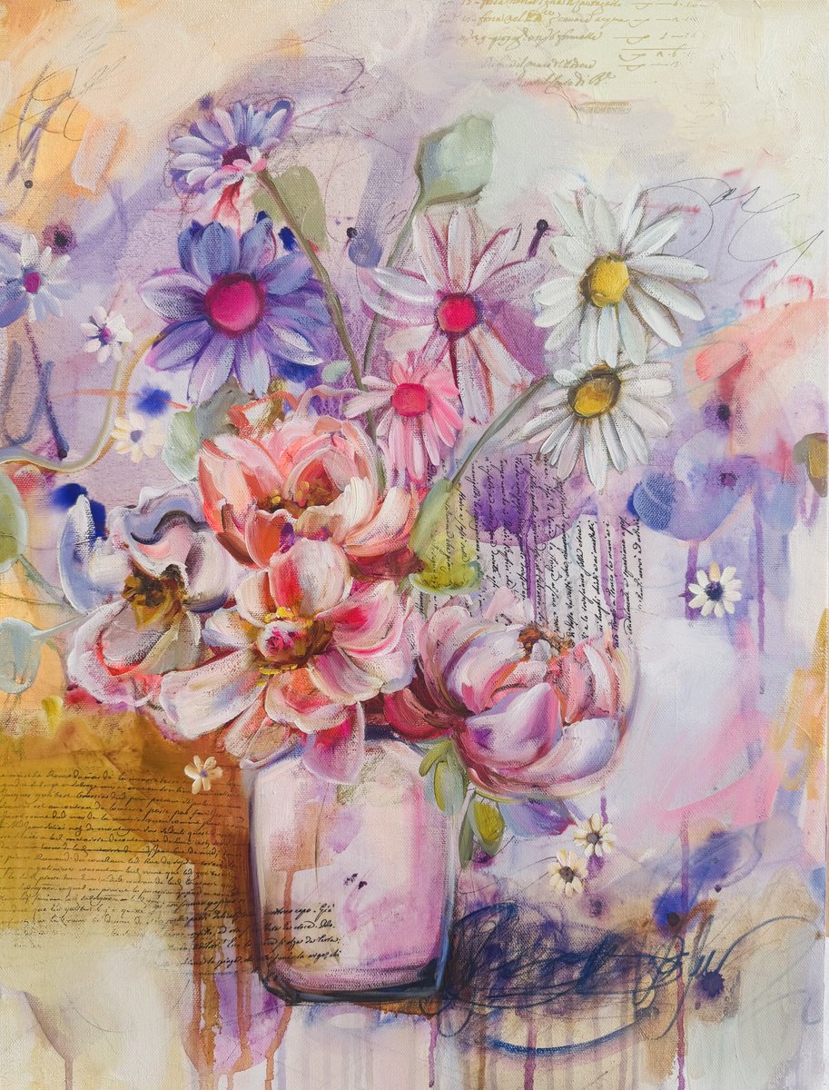 Abstract Oil Painting By Tatyana Bolivar, 18 X 24", - The Garden Of Soft Petals - ?, Original Artwork