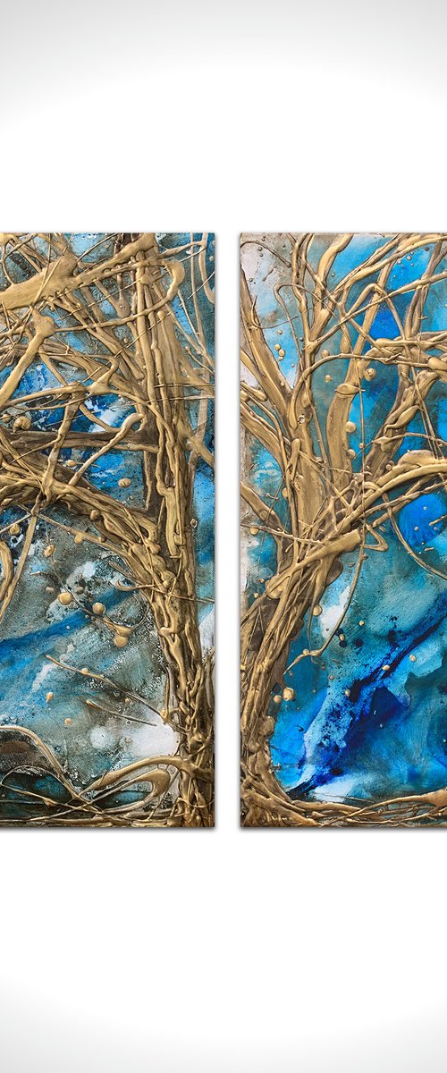 Gold Jade Tree Diptych by Carol Wood