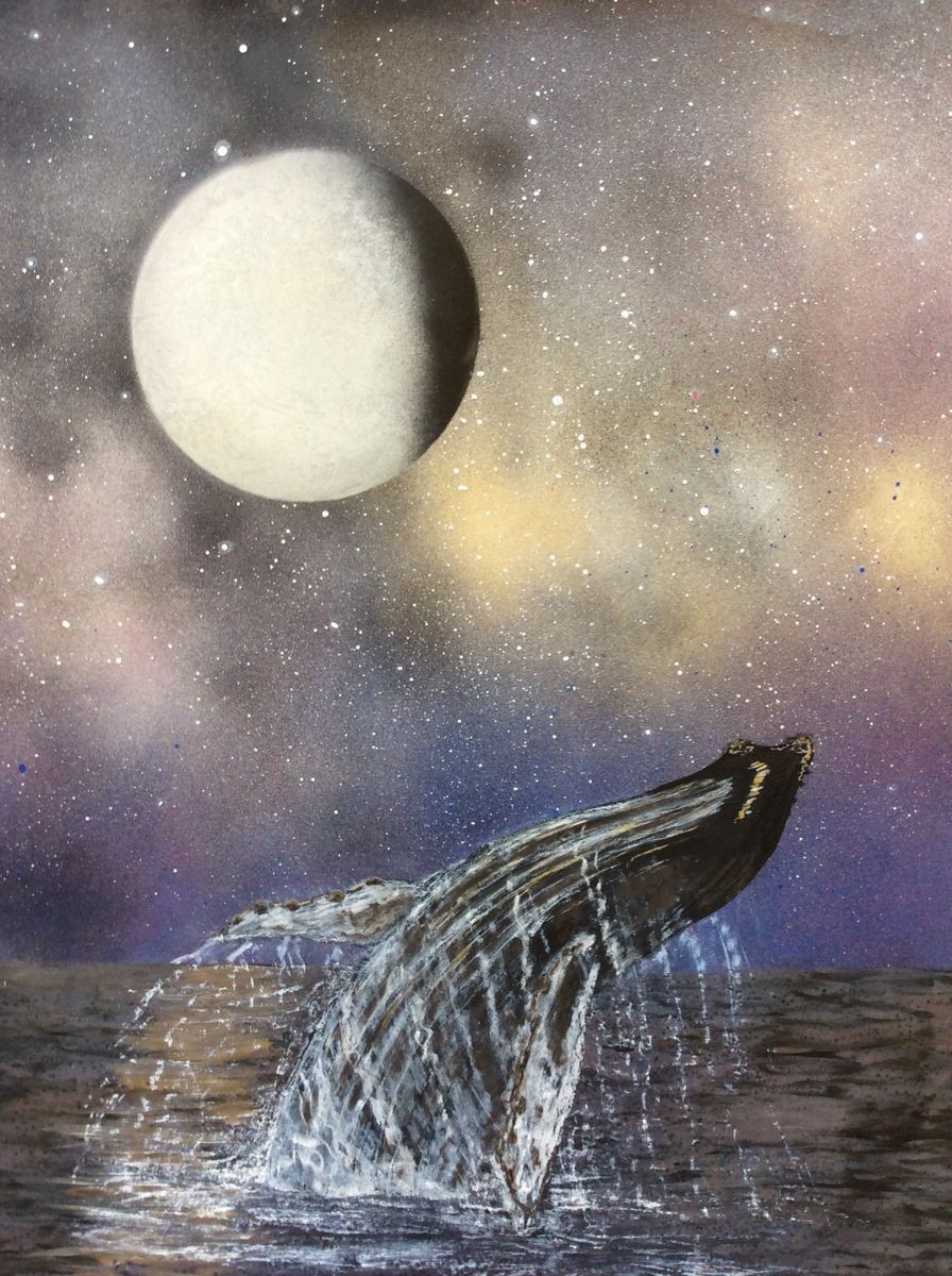 Humpback whale breaching under the stars by Ruth Searle